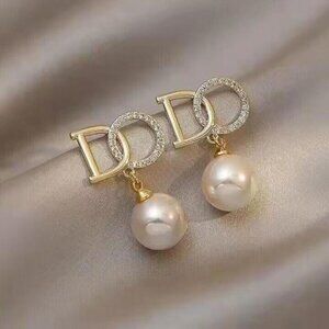 Women Earrings Cream Gold Drop Pearl Faux Rhinestone Gold-White Logo D Back Lock